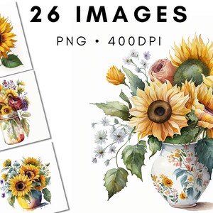 Clipart di girasoli dell'acquerello - caduta mazzi floreali di girasole in formato PNG download istantaneo per uso commerciale