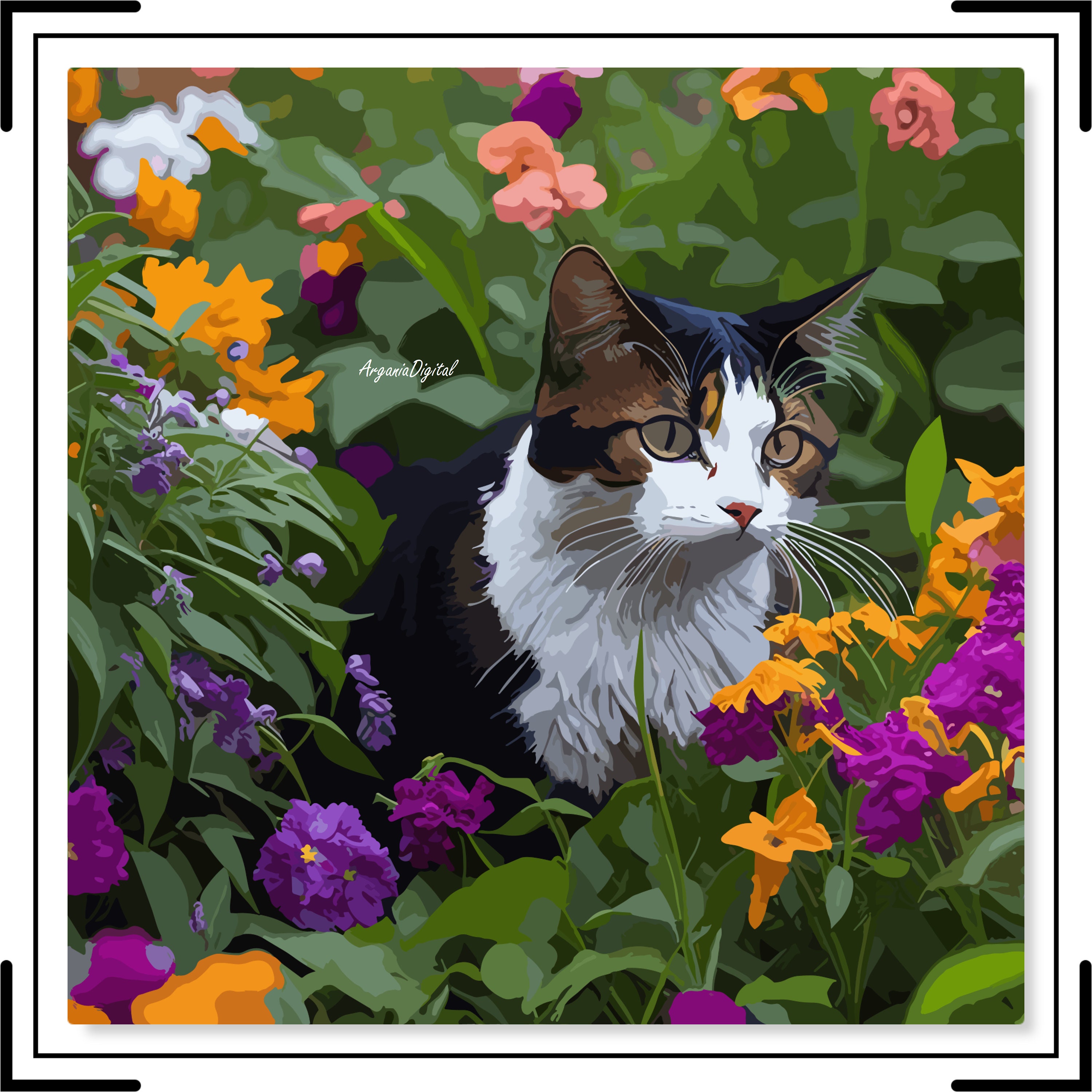 A Mischievous Calico Cat Playing Hide-and-seek in a Garden of Vibrant ...