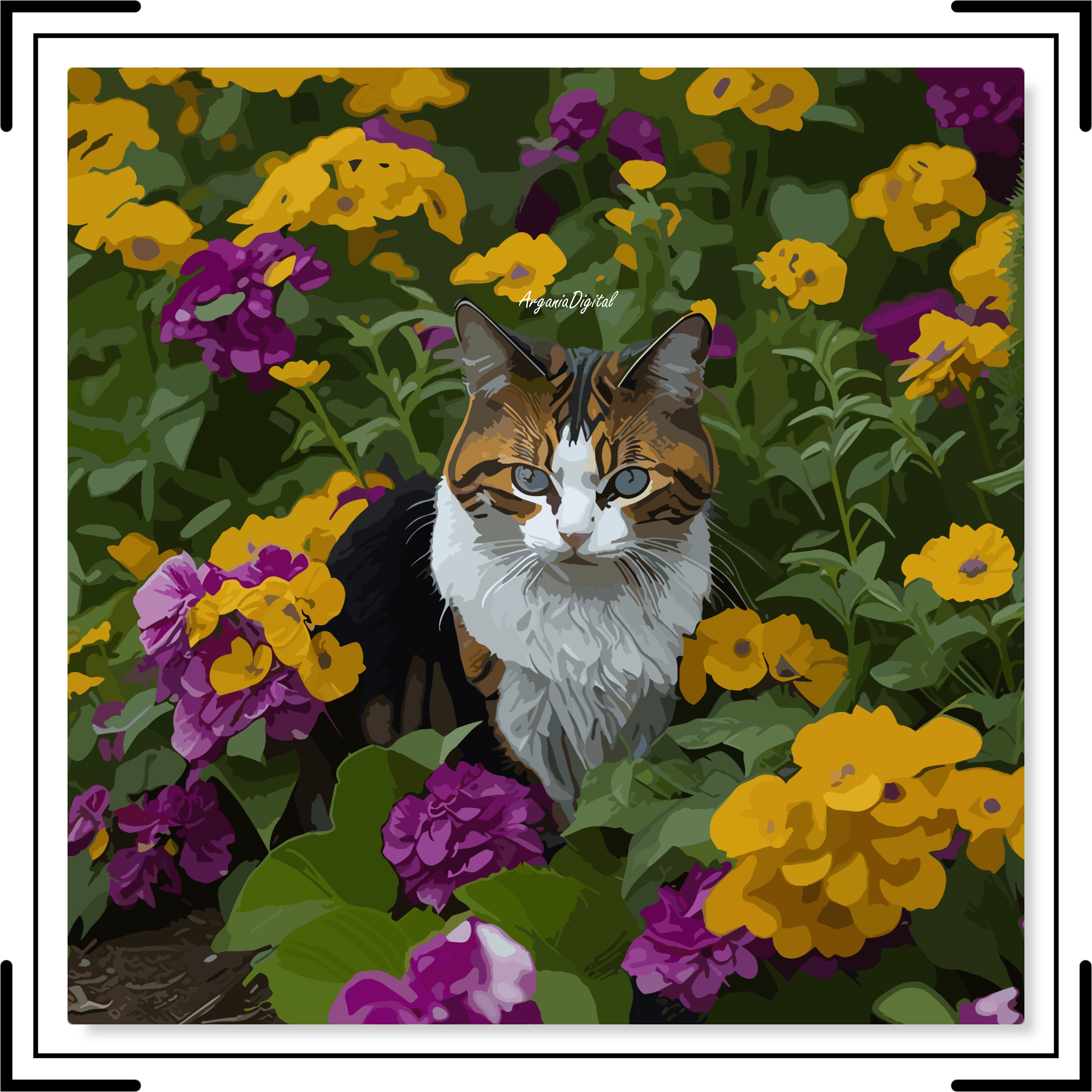 A Mischievous Calico Cat Playing Hide-and-seek in a Garden of Vibrant ...