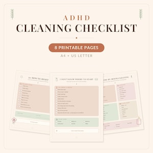 Peut inclure: Une liste de contrôle de nettoyage TDAH numérique avec 8 pages imprimables aux formats A4 et US Letter. Le document présente des sections intitulées 10-Minute Reset, I Don't Know Where To Start et Room-By-Room Cleaning avec des cases à cocher.