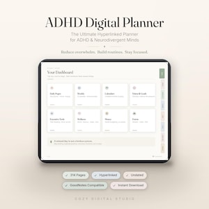 Peut inclure: Une tablette numérique affichant un tableau de bord de planificateur numérique ADHD avec des sections pour les pages quotidiennes, hebdomadaires, calendriers, objectifs, outils exécutifs, bien-être, argent et extras. L'interface inclut une barre latérale et le texte "A missed day is not a broken system". Boutons pour 314 pages, hyperlien, non daté, compatible GoodNotes et téléchargement instantané.