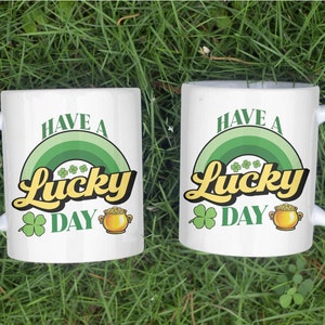 St Patricks Day Mug, Four Leaf Clover, Green Rainbow Cup for Tea Coffee, Irish Holiday Shamrock Gift, Lucky Pot of Gold, Gift for Him Her