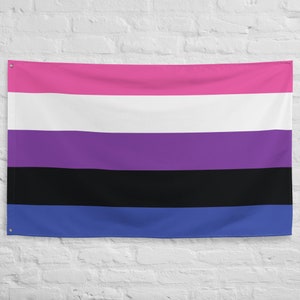 May include: A flag with five horizontal stripes in pink, white, purple, black, and blue. This is a representation of the genderqueer pride flag.
