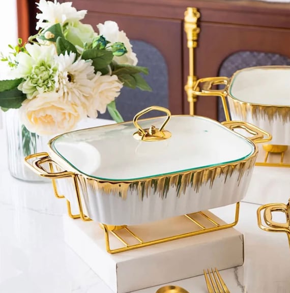 Rectangular Porcelain Casserole Warming Trays for Food, Ceramics Chafers,  and Buffet Warmers Sets, Gold Plating Serving Dishes 3 Pieces Set 