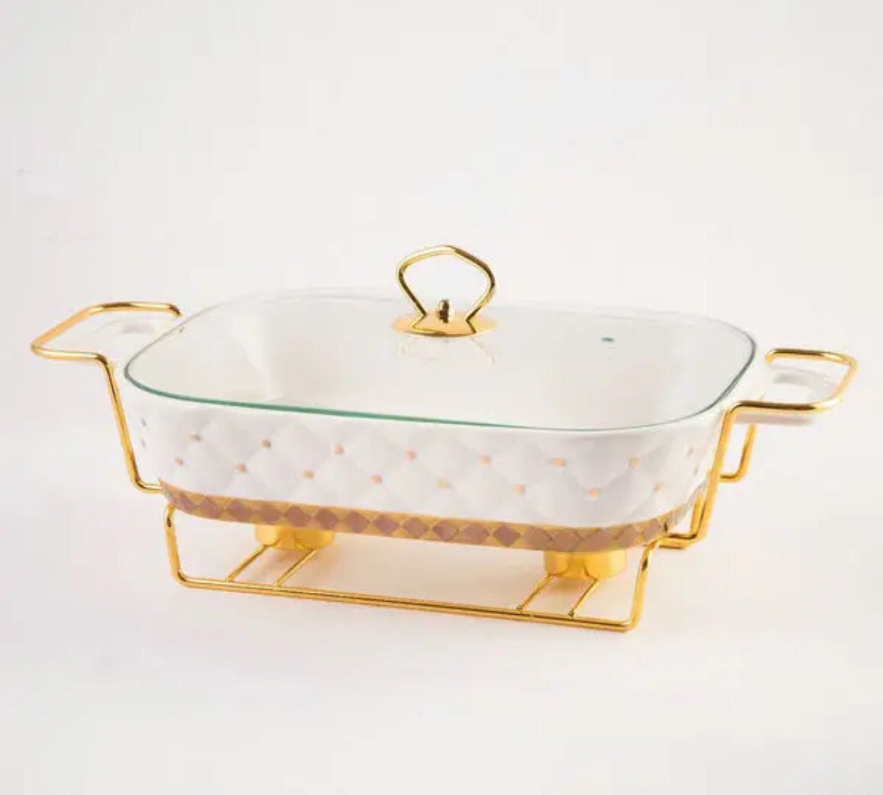 Rectangular Porcelain Casserole Warming Trays for Food, Ceramics Chafers, and Buffet Warmers Sets, Gold Plating Serving Dishes (Large 2.4 Quarts)