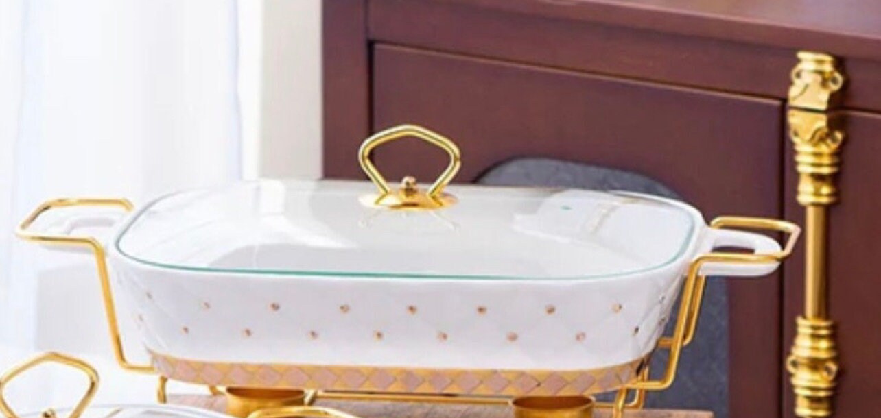 Rectangular Porcelain Casserole Warming Trays for Food, Chafers and Buffet  Warmers Sets, Gold Plating Serving Dishes