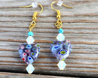 Millefiori Glass Heart Earrings