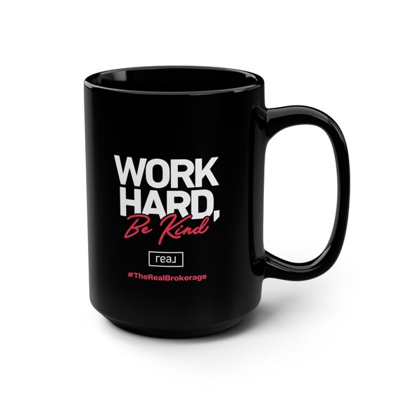 Work Hard Be Kind Black Pink Logo Mug, 15oz