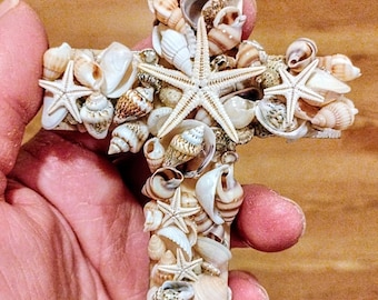 Handmade Seashell Starfish Cross, Coastal Beach House Wall Decor (4.5x3 inches)