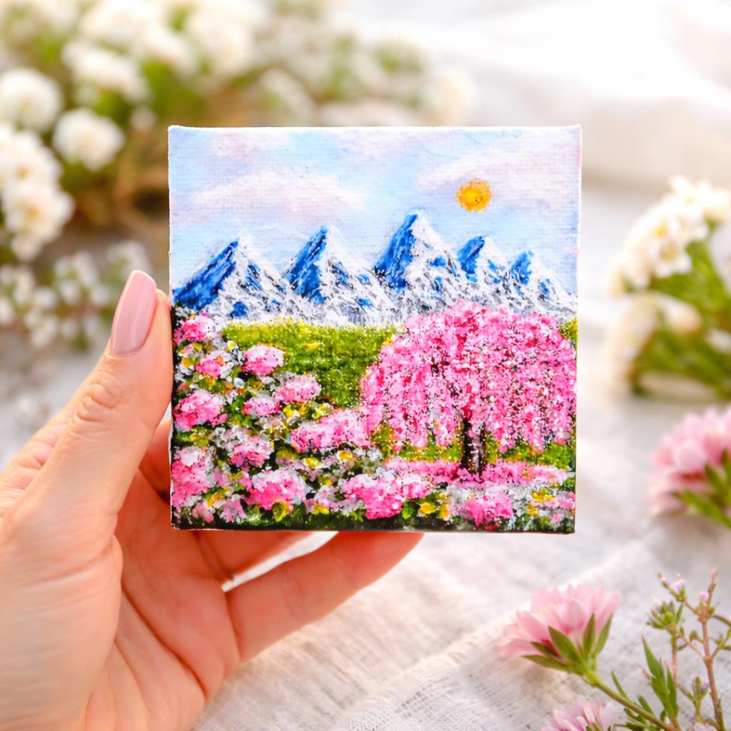 Mini Cherry Blossom Mountain Acrylic Painting With Easel (4x4 Inch