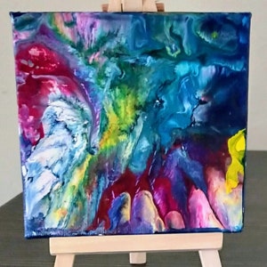 Mini Abstract  Painting On Canvas, 4x4 Mini Art, Mini Artwork Wiith Easel, Gifts For Her, Miniature Paintings, Rainbow Abstract Art