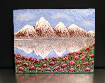 Paysage de montagne et fleurs, peinture sur toile, oeuvre d'art reflet de paysage acrylique 20 x 10 pouces, cadeaux pour les amateurs d'art mini original mamie