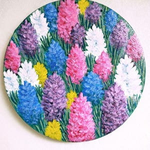 Hand-Painted Hyacinth Floral Painting: Round Wood Canvas Art (8x8 inch)