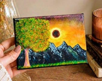 Mini Solar Eclipse Painting: Landscape Acrylic Canvas Art (5x7)