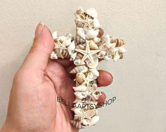 Handmade Seashell Starfish Cross, Coastal Shell Wall Decor, Beach House Hanging (4.5x3 inches)
