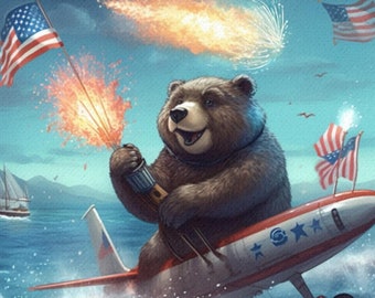 BEAR AIRPLANE & Patriotic Aviation American Flag 4th of July Wall ART - Maximalist Ai Canvas Artwork For Kids' Room Decor Gift