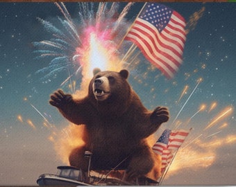Patriotic American FLAG & Home Décor Cute BEAR Print on Boat Wall ART, Ai Generated Big Canvas Apartment Decor