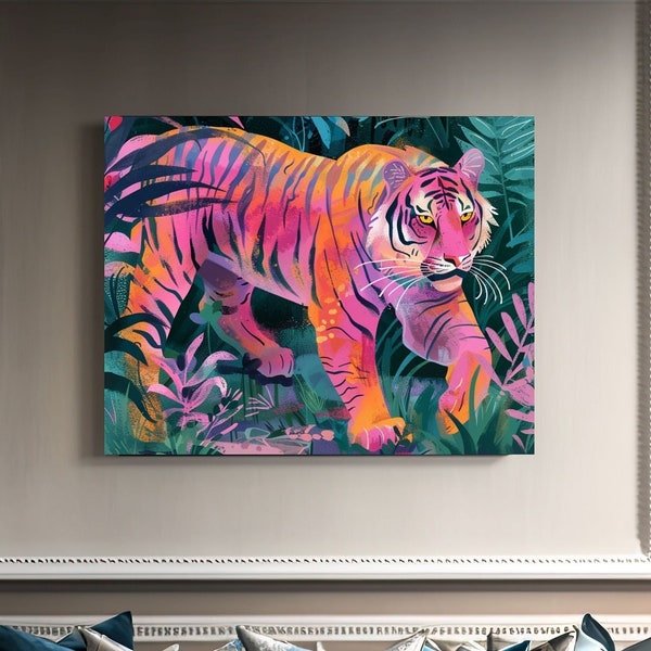 BOHO TIGER Painting, Canvas Maximalist Wall ART, Preppy Room Decor, Ai Funky Wall Art - For Him Her College Dorm Decor & Animal Lover Gift