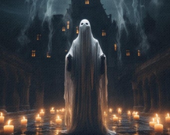 Ghost With Candles, AI Generated Image, Haunted Mansion Decor, Halloween Artwork Prints, Dark Academia Wall Art, Halloween Artwork Canvas