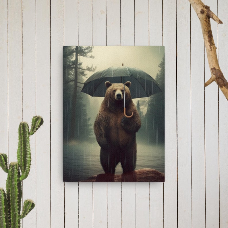 Bear Holding Umbrella AI Wall Art Print Canvas Etsy