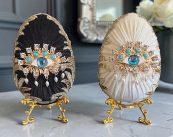 Handmade velvet Evil Eye Egg. Luxury Decorative Egg. Gold Embroidery Ornament. Unique Gift. Home Decor. Heirloom egg. Protection symbol.