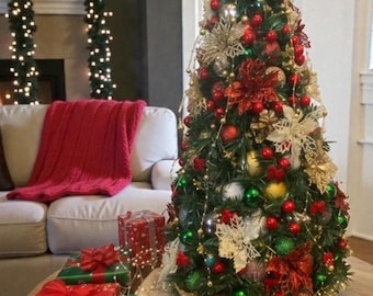 Handcrafted Tabletop Christmas Tree, Red, White & Gold Holiday Decor