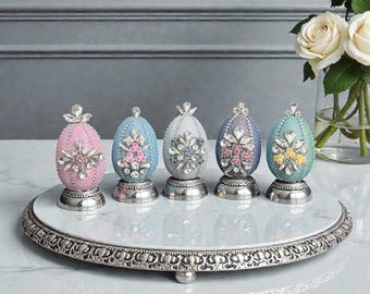 Handcrafted Easter Egg Set in Pastel Tones – Crystal & Floral Embellished, Luxury Decorative Collectibles. Jeweled eggs. Crystal eggs.