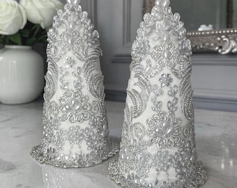 Luxury Silver Kaleh Ghand Set: Embroidered Velvet Wedding Decor (Set of 2)