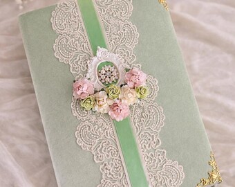 Handmade Sage Green Velvet Journal, Lace & Mulberry Paper Flowers, Romantic Keepsake