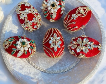 Handmade Jeweled Velvet Egg Ornament: Red Christmas Decor. Velvet Easter eggs.