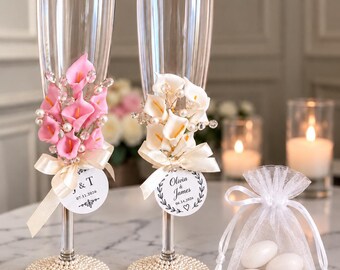 Personalized Calla Lily Champagne Flute Favors, Pearl Accents, Jordan Almonds (Set of 10)