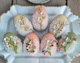 Luxury Handcrafted Velvet Easter Eggs – Set of 7. Pearl and Floral eggs. Embellished Eggs. Elegant Spring Decor. Limited Spring Collection.