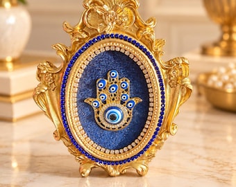 Hamsa & Evil Eye Tabletop Decor, Gold and Blue Decorative Frame, Protection Decor, Housewarming Gift