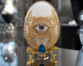 Handmade Velvet Evil Eye Egg on Stand, Persian New Year Gift