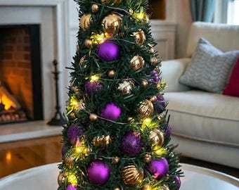 Handcrafted tabletop Christmas Tree. Purple & Gold Ornament Tree with LED Lights. Holiday Centerpiece Decor. Festive Christmas Decoration.