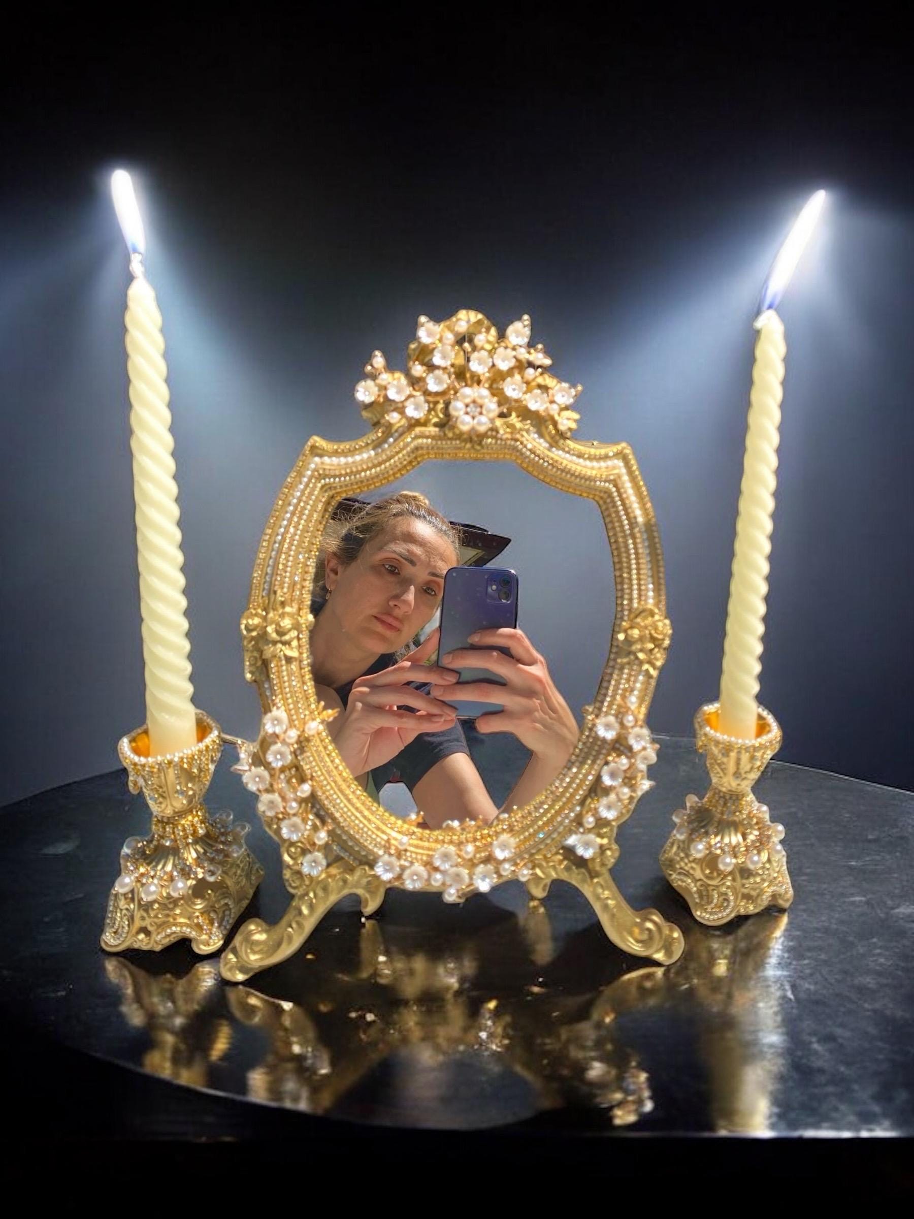 Handmade Decorated Wedding Mirror and Candleholder. Vanity Mirror