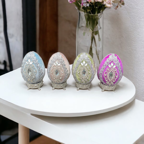 Oeufs de Pâques en velours faits main sur pied. Cadeau de Pâques. Ornements de Pâques. Oeufs de Norouz. Ornements de printemps. Oeufs en cristal. Oeufs de Fabergé. oeufs vintage