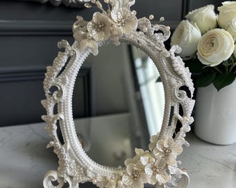 Handmade Wedding Mirror, White Vanity Mirror, Bridal Decor, Small Decorative Mirror, Floral Frame, Bride Gift, Baroque Style Mirror.