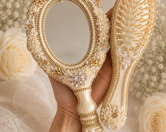 Handmade Luxury Bridal Hand Mirror and Hair Brush Set, Personalized Wedding Mirror, Bride Gift, Vanity Mirror, Crystal Mirror,Bridal Shower