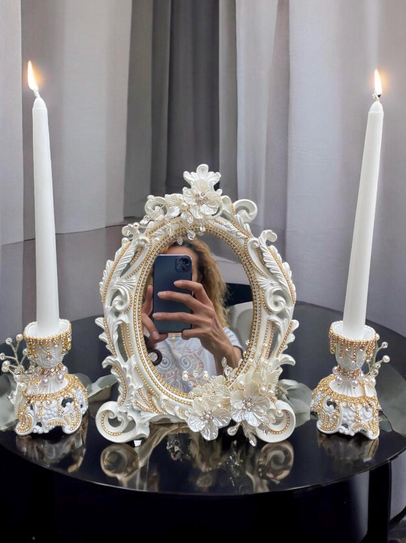 Handmade Decorated Wedding Mirror and Candleholders. White Mirror