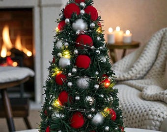 Handcrafted Tabletop Christmas Tree. Red & Silver Ornament Tree with LED Lights. Holiday Centerpiece Decor. Festive Christmas Table Decor.