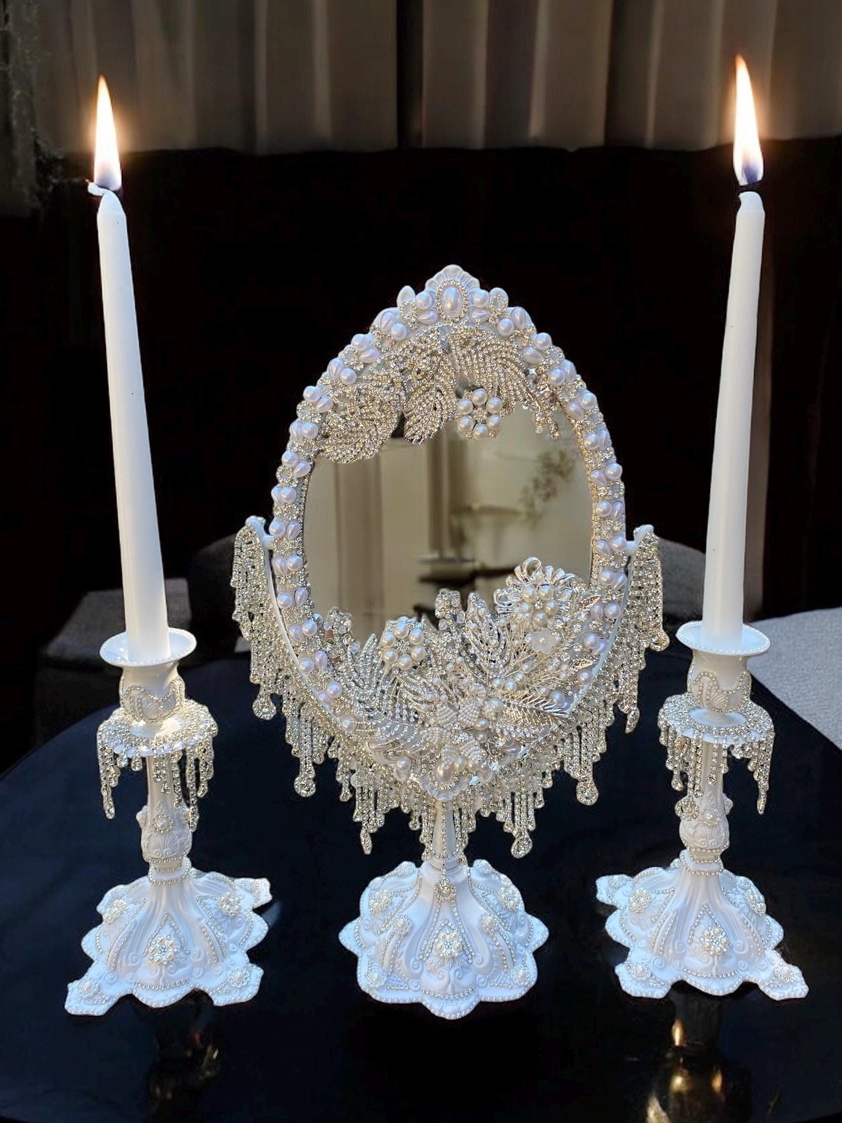 Wedding set. Bride. Wedding mirror and candleholder. Persian wedding decor. Bridal mirror. Vanity mirror. Sofreh aghd mirror. Table mirror.