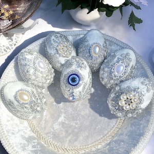 Handmade velvet egg set“Nazar silver collection”. Sofreh aghd eggs. Sofreh aghd. Norooz egg. Persian wedding. Decorated eggs. Egg ornaments.