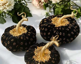 Black Velvet Pumpkin Set: Handmade Fall Decor, Gold Embellishments