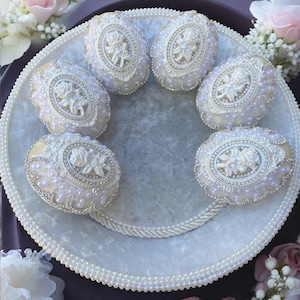 Handmade velvet egg set “White rose” collection. Velvet Easter eggs. Decorated velvet eggs. Sofreh Aghd eggs. Wedding eggs. Ornate eggs.