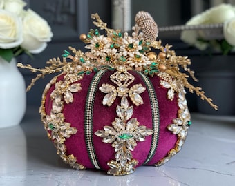 Handmade Velvet Pumpkin: Jeweled Fall Decor, Regal Centerpiece