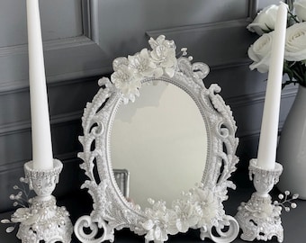 Wedding Mirror & Candle Holders Set. Ornate Bridal Mirror. White Silver Wedding Decor. Sofreh Aghd Mirror.  Baroque Style Mirror