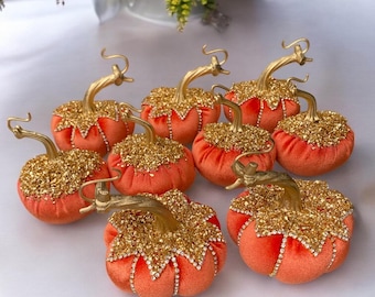 Handmade Velvet Pumpkins with Gold Decor, Fall Centerpiece (Set of 5)