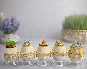 Luxury Nowruz Eggs Set – 5 Handmade Haft Sin Table Decor with Crystal Details