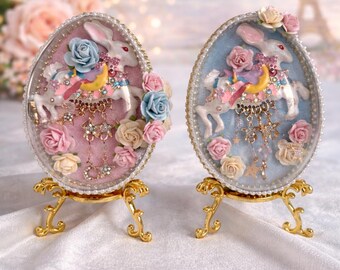 Handcrafted Velvet Easter Egg Trinket Box Bunny Carousel, Velvet Easter Egg with stand. Handcrafted Keepsake Gift. Paris-Inspired Decor.
